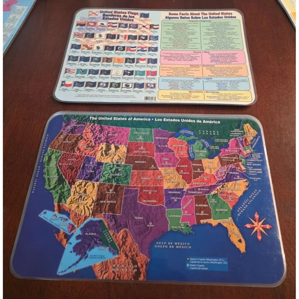 U.S.A. Map w/ Capitols Educational Placemat Bilingual Plastic 2004 Homeschooling